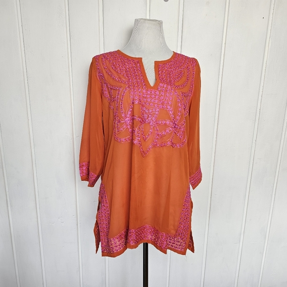 Gretchen Scott Designs Tops - Gretchen Scott XS Orange Pink Sheer Oversized Embroidered BohoTunic Top